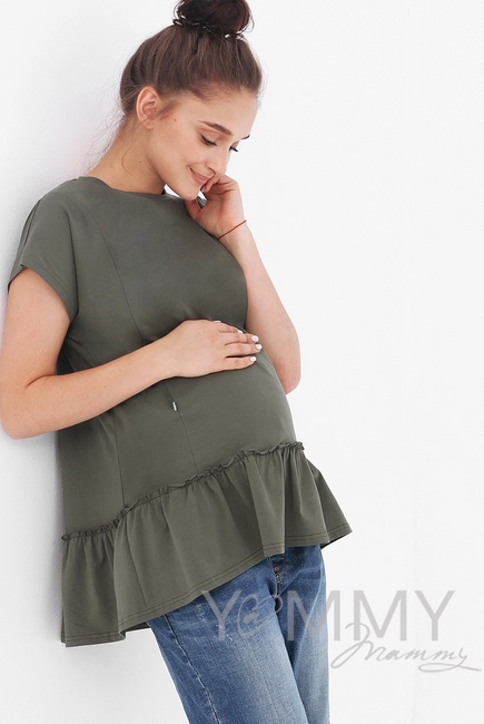 Футболка для беременных и кормящих свободного силуэта с воланом, цвет хаки