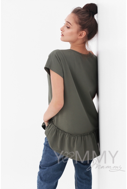 Футболка для беременных и кормящих свободного силуэта с воланом, цвет хаки