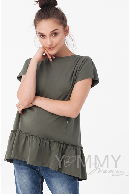 Футболка для беременных и кормящих свободного силуэта с воланом, цвет хаки