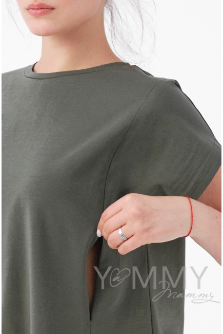 Футболка для беременных и кормящих свободного силуэта с воланом, цвет хаки