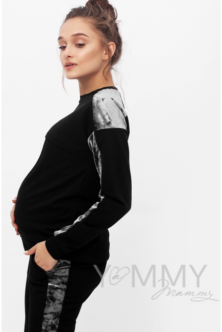 Костюм для беременных и кормящих с отделкой из велюра, черный