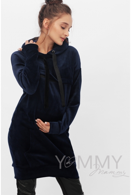 Платье-толстовка для беременных и кормящих с капюшоном из велюра, цвет синий
