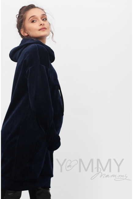 Платье-толстовка для беременных и кормящих с капюшоном из велюра, цвет синий