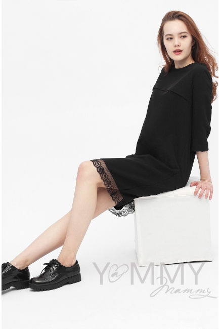 Платье для кормящих и беременных с кружевом, цвет черный