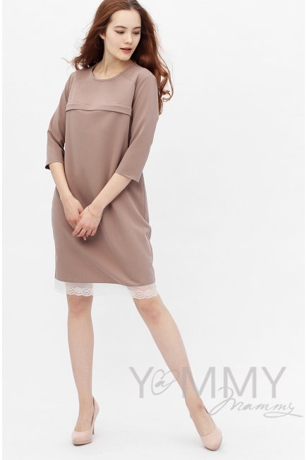 Платье для беременных и кормящих с кружевом, капучино