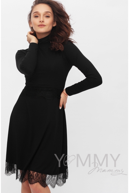 Платье для беременных и кормящих с кружевом, цвет черный