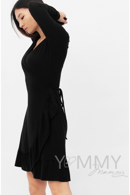 Платье для кормящих и беременных на запах с воланом, черное