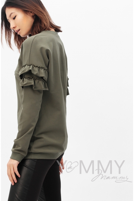 Свитшот для беременных и кормящих с воланчиками, цвет хаки