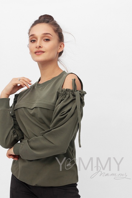 Свитшот для кормящих и беременных с вырезами на плечах, цвет хаки
