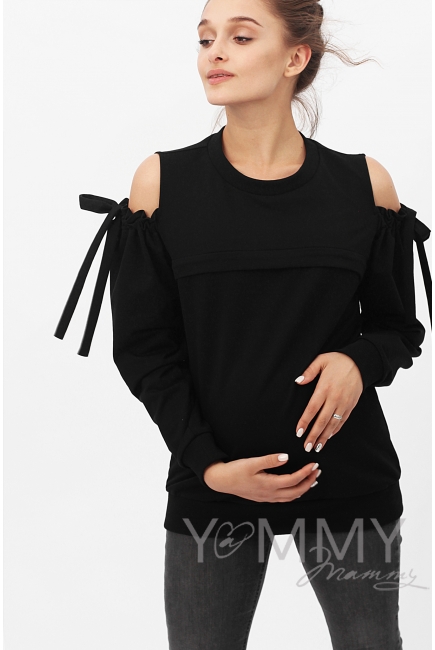 Свитшот для беременных и кормящих с вырезами на плечах, черный