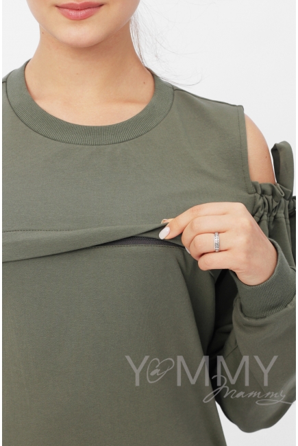 Свитшот для кормящих и беременных с вырезами на плечах, цвет хаки