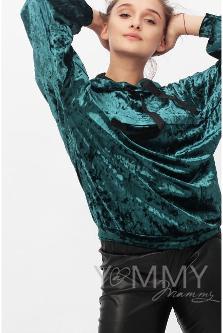 Толстовка для беременных и кормящих с капюшоном из велюра, изумруд