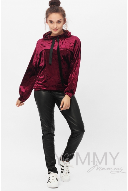 Толстовка для кормящих и беременных с капюшоном из велюра, цвет марсала