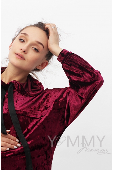 Толстовка для кормящих и беременных с капюшоном из велюра, цвет марсала