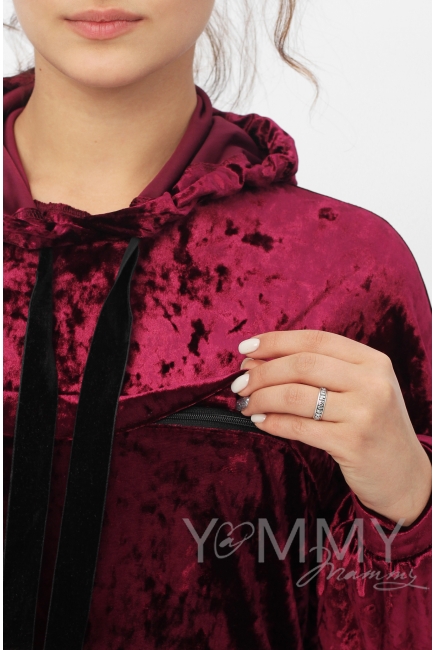 Толстовка для кормящих и беременных с капюшоном из велюра, цвет марсала