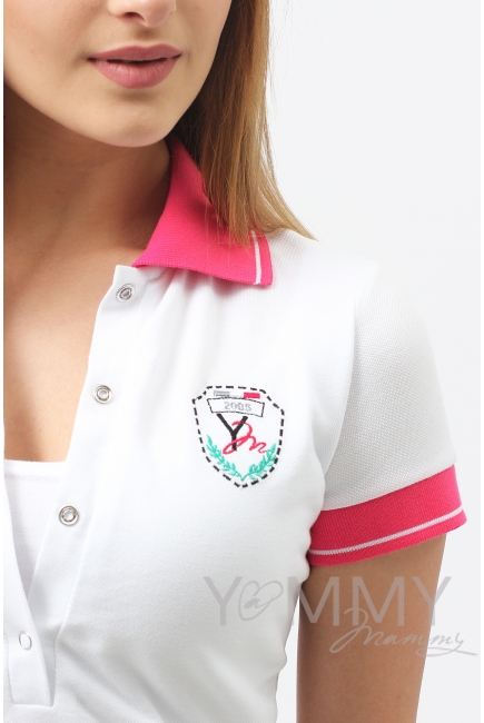 Футболка поло для беременных и кормящих, белая с розовым воротником