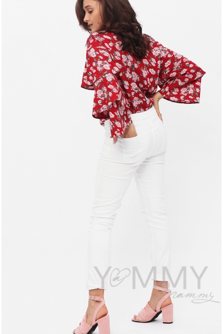 Блуза для кормящих и беременных в цветочный принт с воланами на рукавах, цвет красный