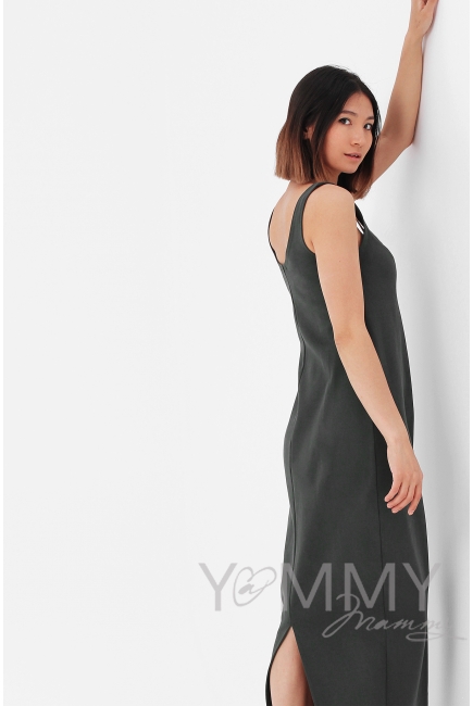 Платье для кормящих и беременных длинное с разрезом, хаки