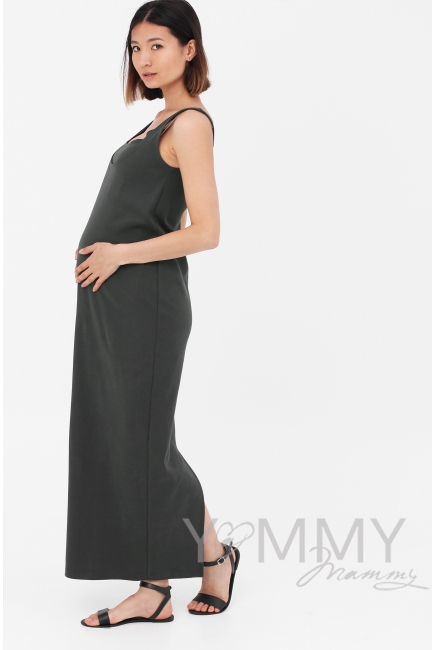 Платье для кормящих и беременных длинное с разрезом, хаки