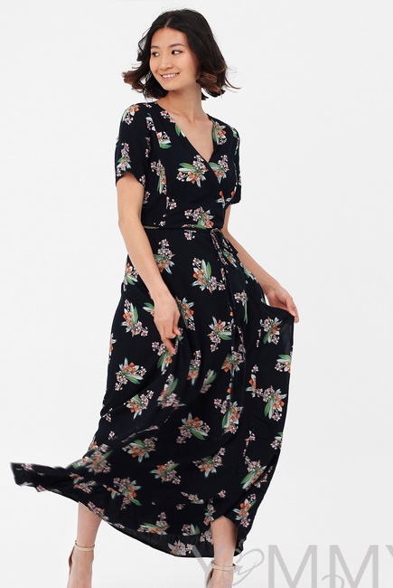 Платье для беременных и кормящих длинное на запах с цветочным принтом, темно-синее