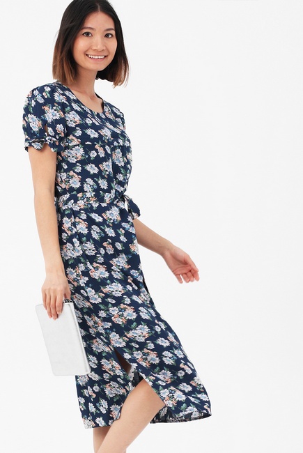 Платье для кормящих и беременных с пояском и цветочным принтом, цвет синий