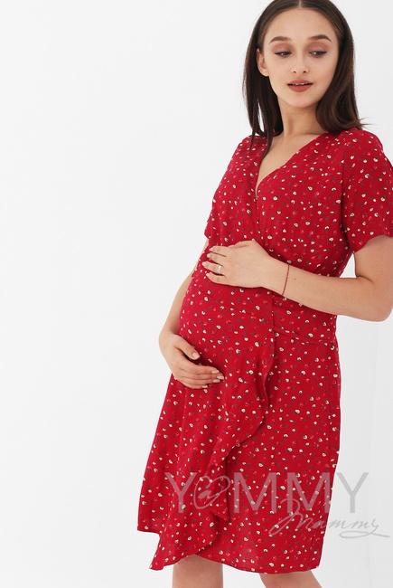 Платье для кормящих и беременных на запах с цветочным принтом, цвет красный