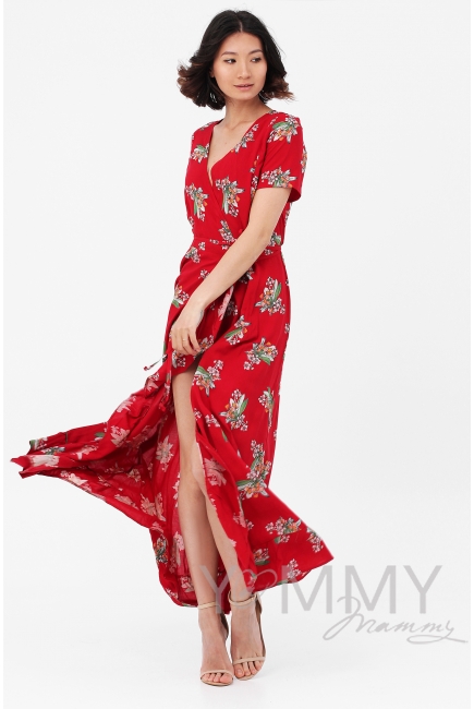 Платье для кормящих и беременных длинное на запах с цветочным принтом, красное
