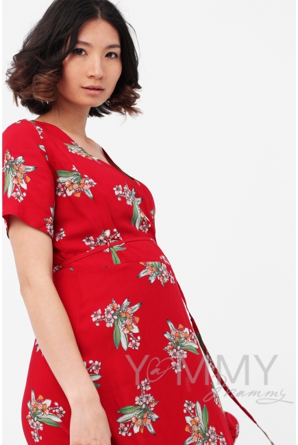 Платье для кормящих и беременных длинное на запах с цветочным принтом, красное