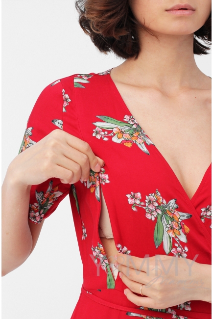 Платье для кормящих и беременных длинное на запах с цветочным принтом, красное