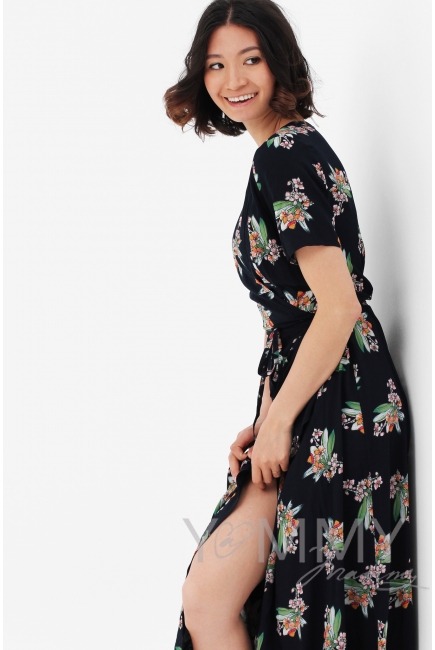 Платье для беременных и кормящих длинное на запах с цветочным принтом, темно-синее