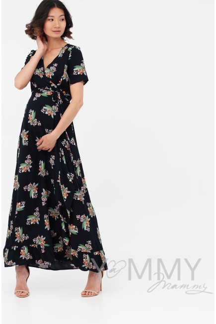 Платье для беременных и кормящих длинное на запах с цветочным принтом, темно-синее