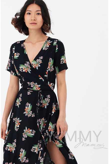 Платье для беременных и кормящих длинное на запах с цветочным принтом, темно-синее