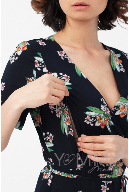 Платье для беременных и кормящих длинное на запах с цветочным принтом, темно-синее