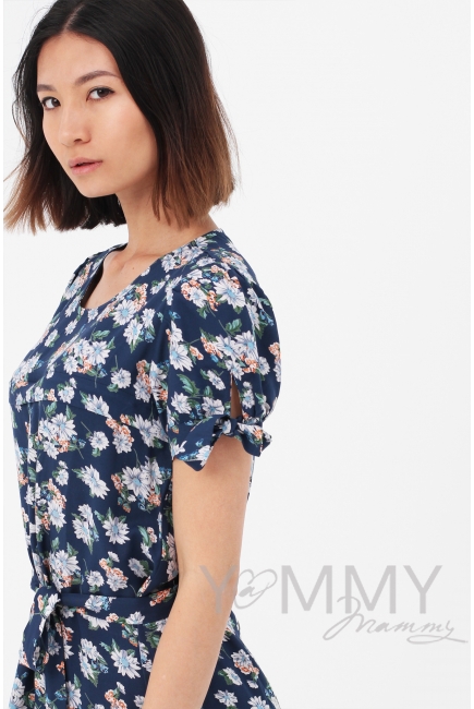 Платье для кормящих и беременных с пояском и цветочным принтом, цвет синий