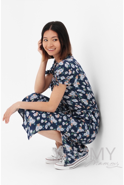 Платье для кормящих и беременных с пояском и цветочным принтом, цвет синий
