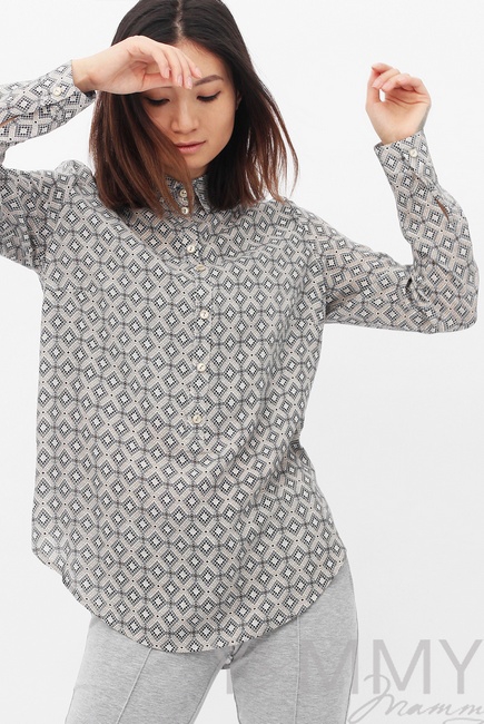 Рубашка для беременных и кормящих с принтом ромбы, цвет светло-бежевая