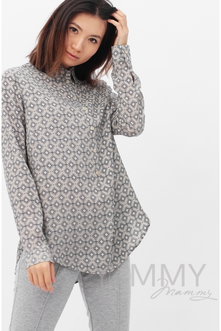 Рубашка для беременных и кормящих с принтом ромбы, цвет светло-бежевая