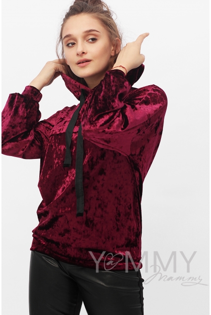 Толстовка для кормящих и беременных с капюшоном из велюра, цвет марсала