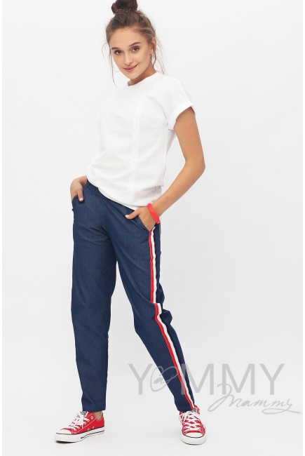 Брюки для беременных и кормящих универсальные джинс с лампасами, цвет синий