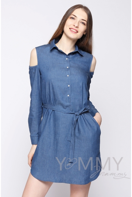 Платье-рубашка для беременных и кормящих, джинсовое с открытыми плечами