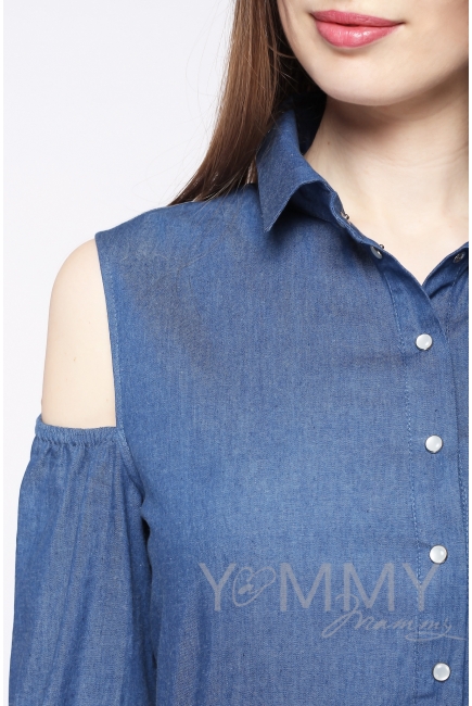 Платье-рубашка для беременных и кормящих, джинсовое с открытыми плечами