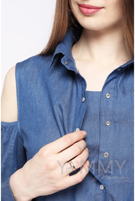 Платье-рубашка для беременных и кормящих, джинсовое с открытыми плечами