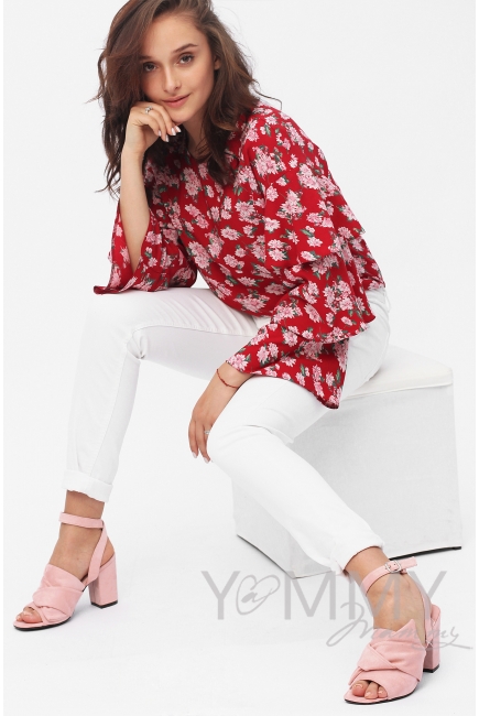 Блуза для кормящих и беременных в цветочный принт с воланами на рукавах, цвет красный