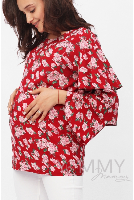 Блуза для кормящих и беременных в цветочный принт с воланами на рукавах, цвет красный