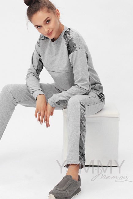 Костюм для кормящих и  беременных с отделкой из велюра, серый меланж