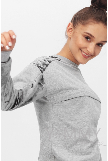 Костюм для кормящих и  беременных с отделкой из велюра, серый меланж