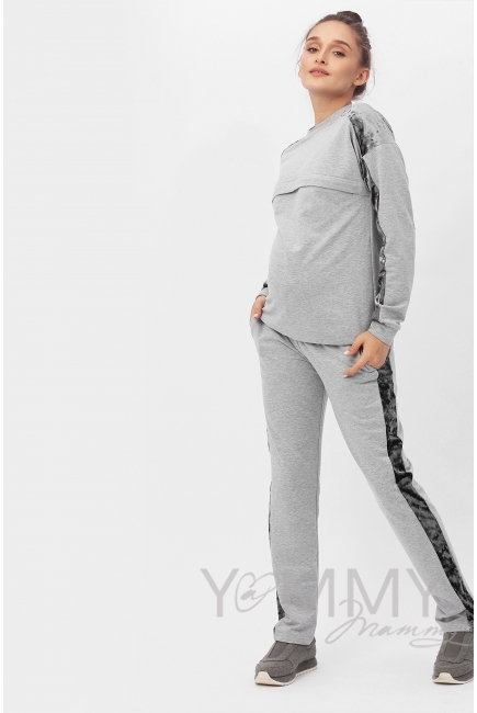 Костюм для кормящих и  беременных с отделкой из велюра, серый меланж