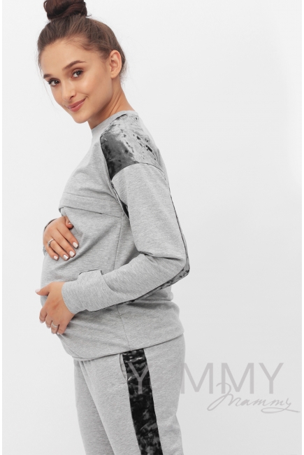 Костюм для кормящих и  беременных с отделкой из велюра, серый меланж