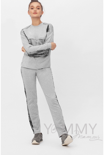 Костюм для кормящих и  беременных с отделкой из велюра, серый меланж