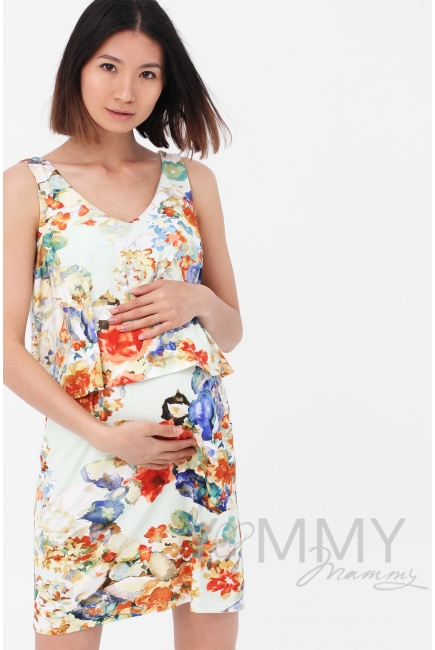 Платье для кормящих и беременных двухъярусное с цветочным принтом, экрю